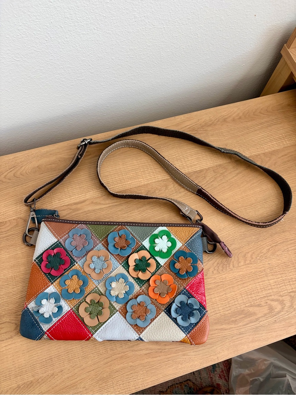 Vera Pelle Italian Leather Patchwork Floral Crossbody Bag Multi Color Made Italy
